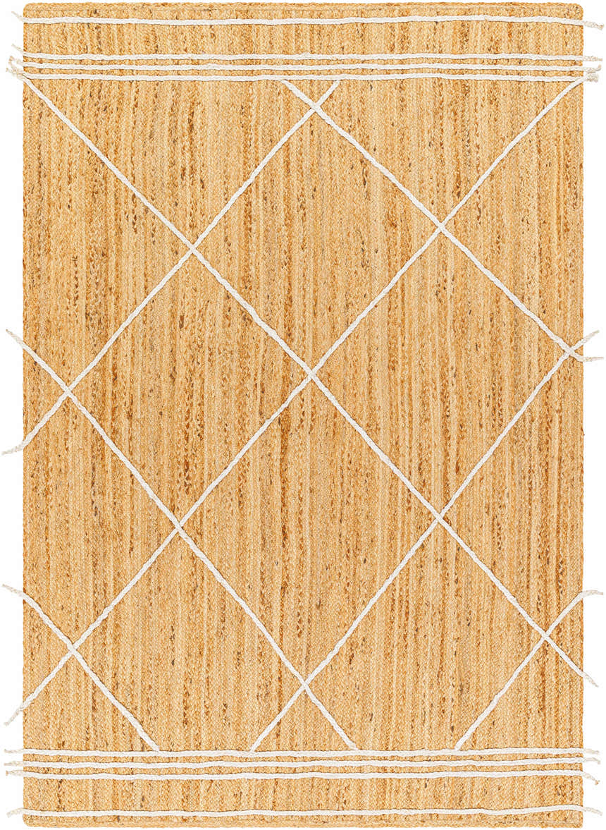 Close-up of the Wasi Area Rug, a hand woven jute rug in natural tan with a white diamond pattern. Design-Rectangle-575