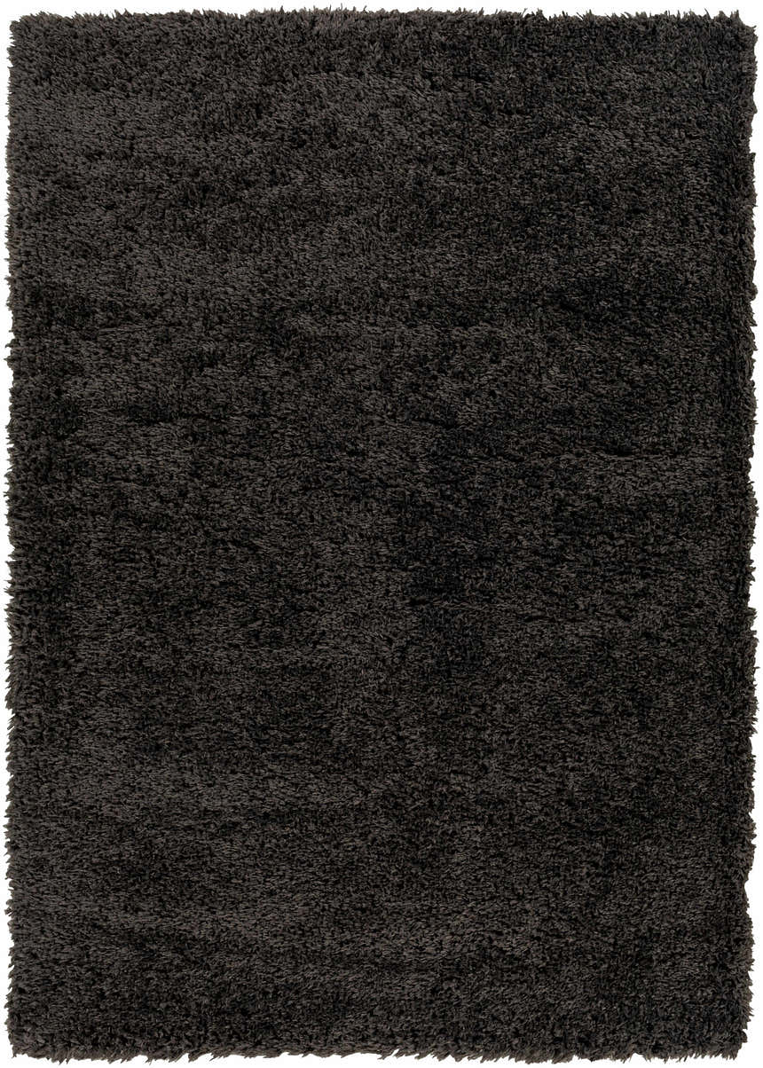 Close-up of the Black Allon Area Rug, a soft, textured shag rug in dark black and gray tones. Design-Rectangle-537
