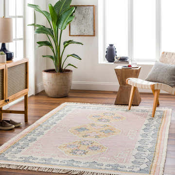 Living room scene with a pink Devin Area Rug, wood floors, cabinet, chair, and large plant. Roomscene-Rectangle