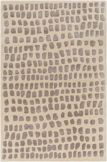 Close-up of the Arjan Beige Area Rug. Features a contemporary design with taupe geometric shapes on an off-white wool background. Design-Rectangle-576