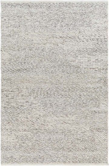 Close-up of the hand woven Amon Area Rug. Features cloud gray, light gray and dark gray recycled PET yarn. Contemporary style. Design-Rectangle-576