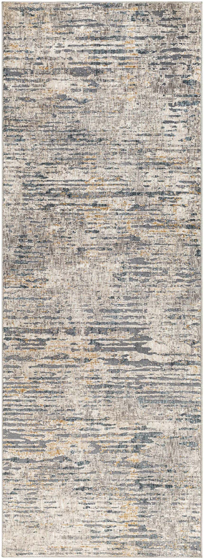 Close-up of the Sywell Luxe Fringe Rug. Contemporary design with beige, blue, charcoal, and tan hues. Machine woven polyester texture. Design-Runner-2773