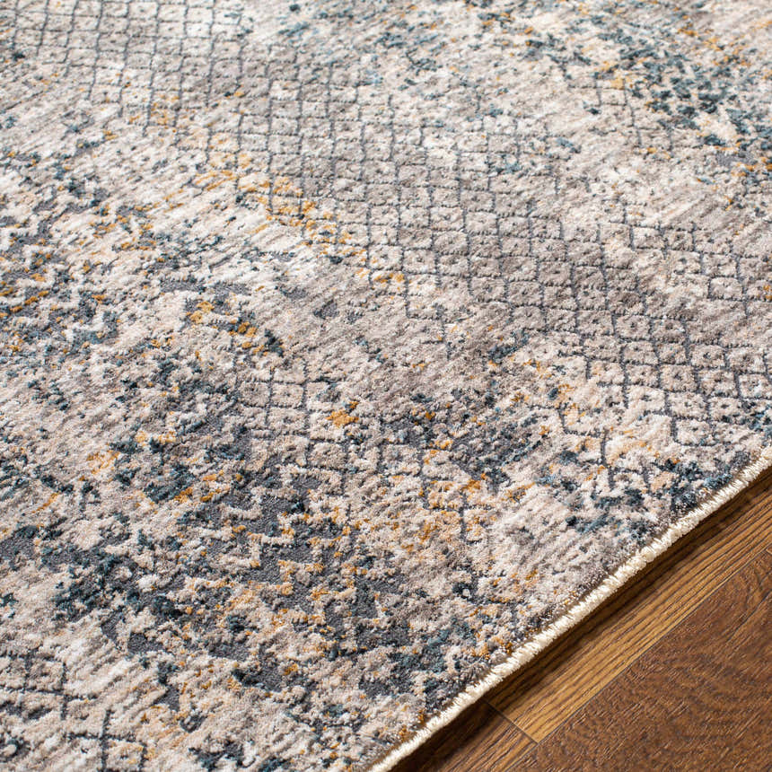 Close-up of the Sywell Luxe Fringe Rug in beige, blue, and charcoal on a wood floor. Contemporary style rug texture. Texture