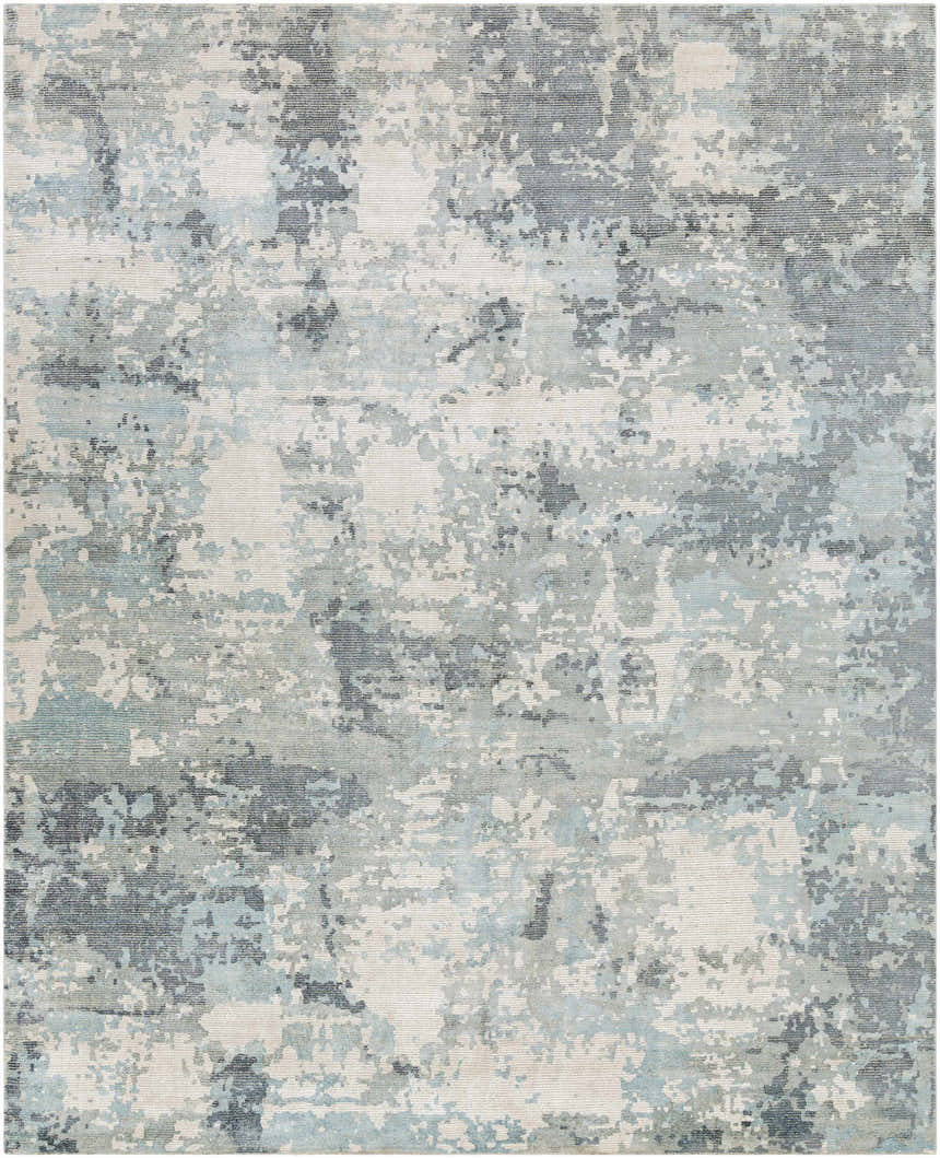 Abstract Tannersville Area Rug in beige, light beige, sage, and teal. Hand-loomed wool and viscose texture. Design-Rectangle-810