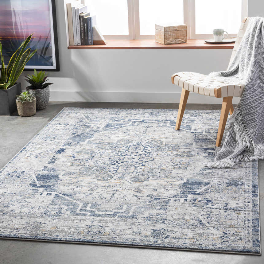 Cozy living room scene with a blue and gray Tansley Area Rug, chair with throw, plants, and window. Roomscene-Rectangle