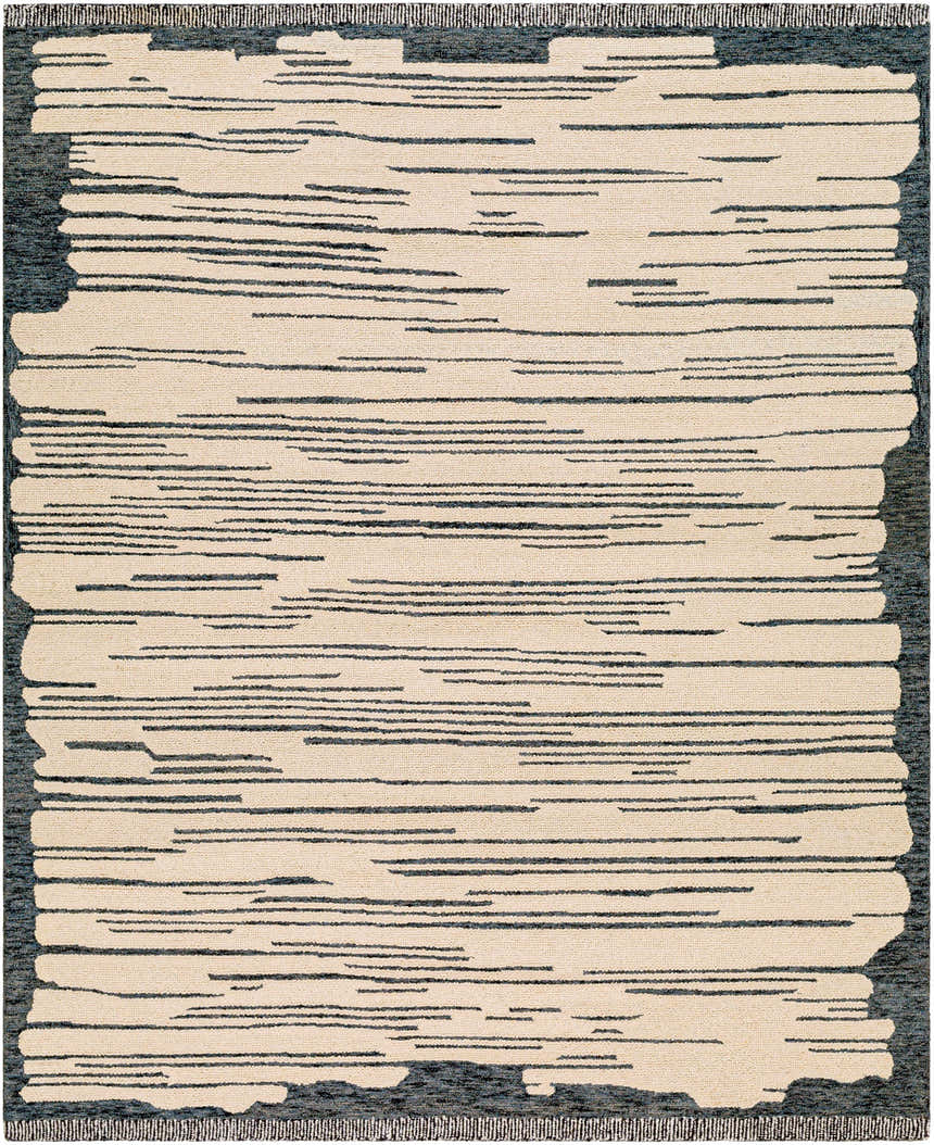 Close-up of Tapas Wool Area Rug showing cream and charcoal horizontal stripes and hand-tufted texture. Design-Rectangle-810
