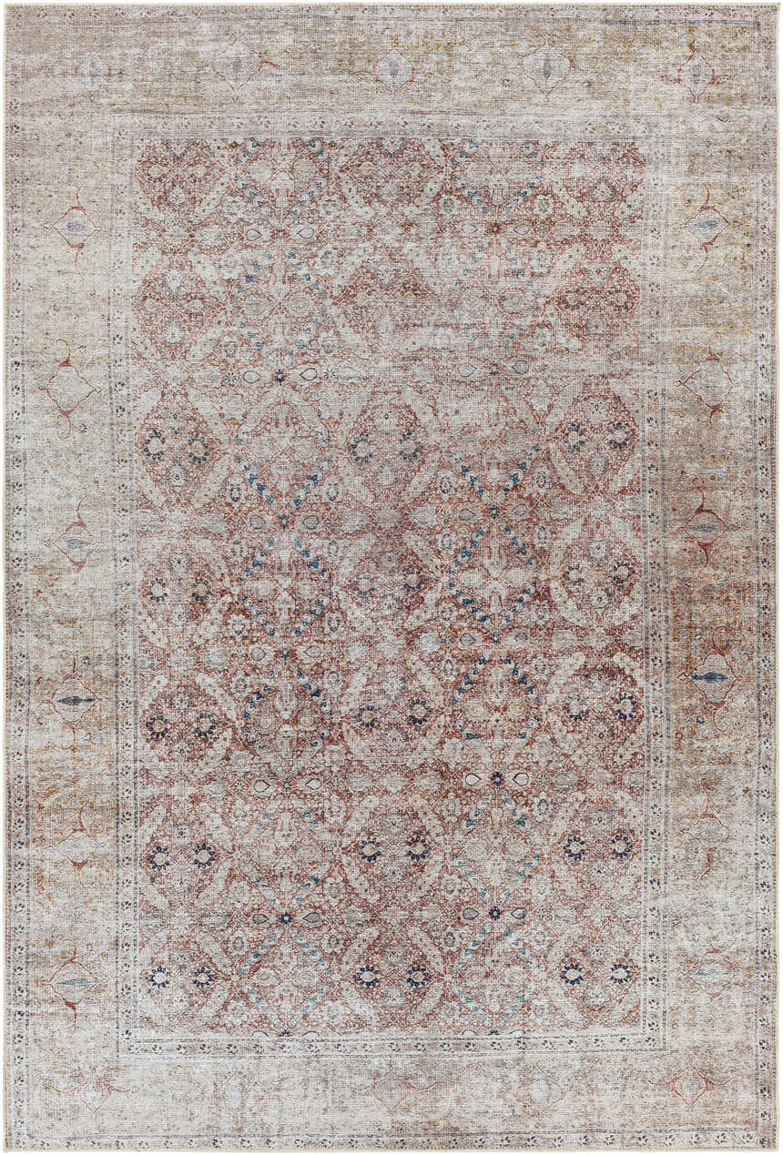 Close-up of the Tapia Washable Area Rug. Features a brick red, dark blue, and gray traditional oriental pattern. Design-Rectangle-5373