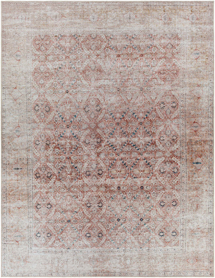 Close-up of the Tapia Washable Area Rug. Traditional oriental pattern in brick red, dark blue, gray, and light gray. Design-Rectangle-71010