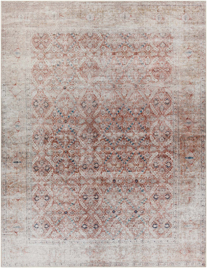 Close-up of a Tapia Washable Area Rug in brick red, dark blue, and gray with a traditional, vintage-inspired oriental pattern. Design-Rectangle-710102