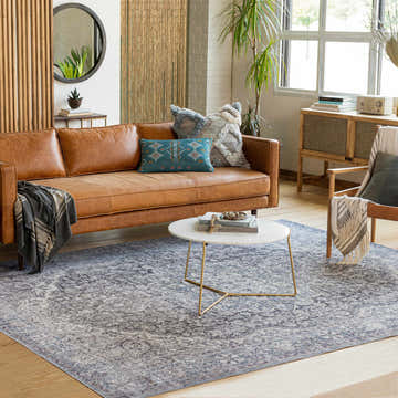 Living room with leather sofa and Tavas Blue Persian Style Washable Rug. Farmhouse style with plants and natural light. Roomscene-Rectangle