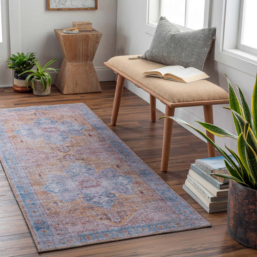 Hallway scene with Otaki Purple & Brown Washable Area Rug. Farmhouse style with wood bench, plants, and oriental rug design. Roomscene-Runner