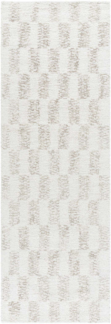 Close-up of Theda Area Rug. Hand-tufted wool rug with ash and off-white checkerboard pattern. Contemporary style. Design-Runner-268