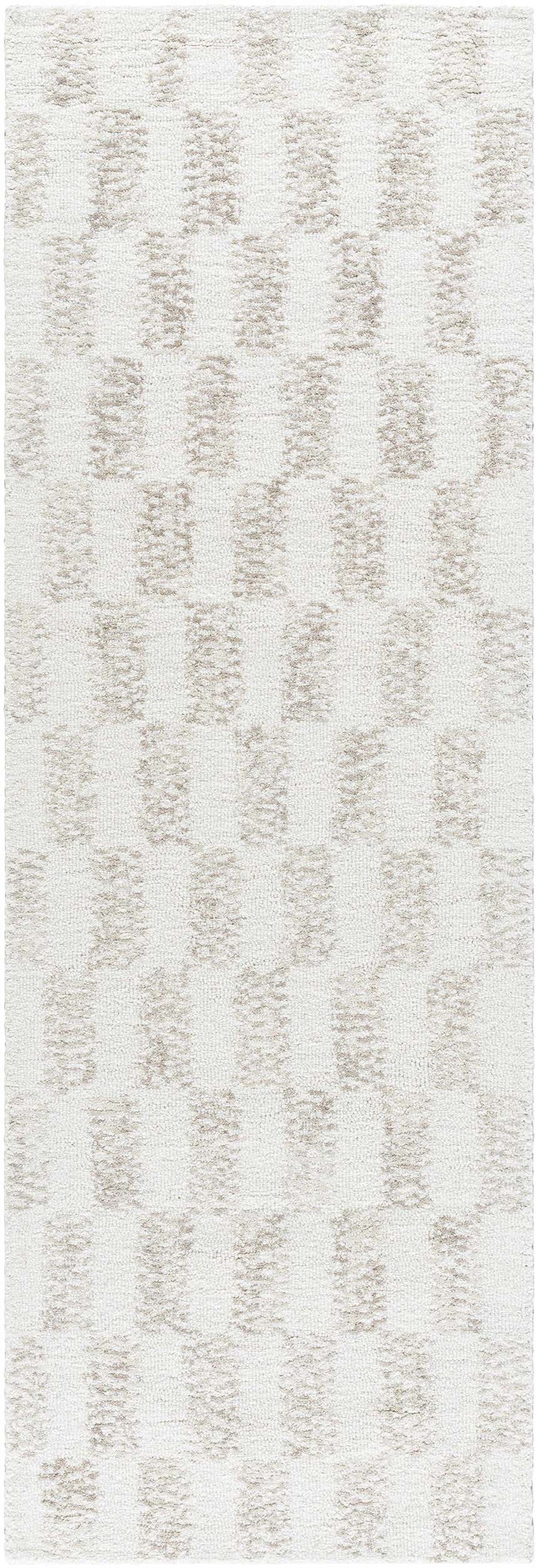 Close-up of Theda Area Rug. Hand-tufted wool rug with ash and off-white checkerboard pattern. Contemporary style. Design-Runner-268