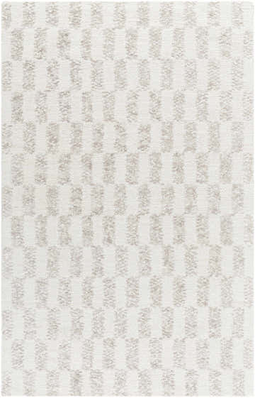 Close-up of Theda Area Rug, a hand-tufted wool rug with a contemporary ash and off-white striped pattern. Design-Rectangle-58