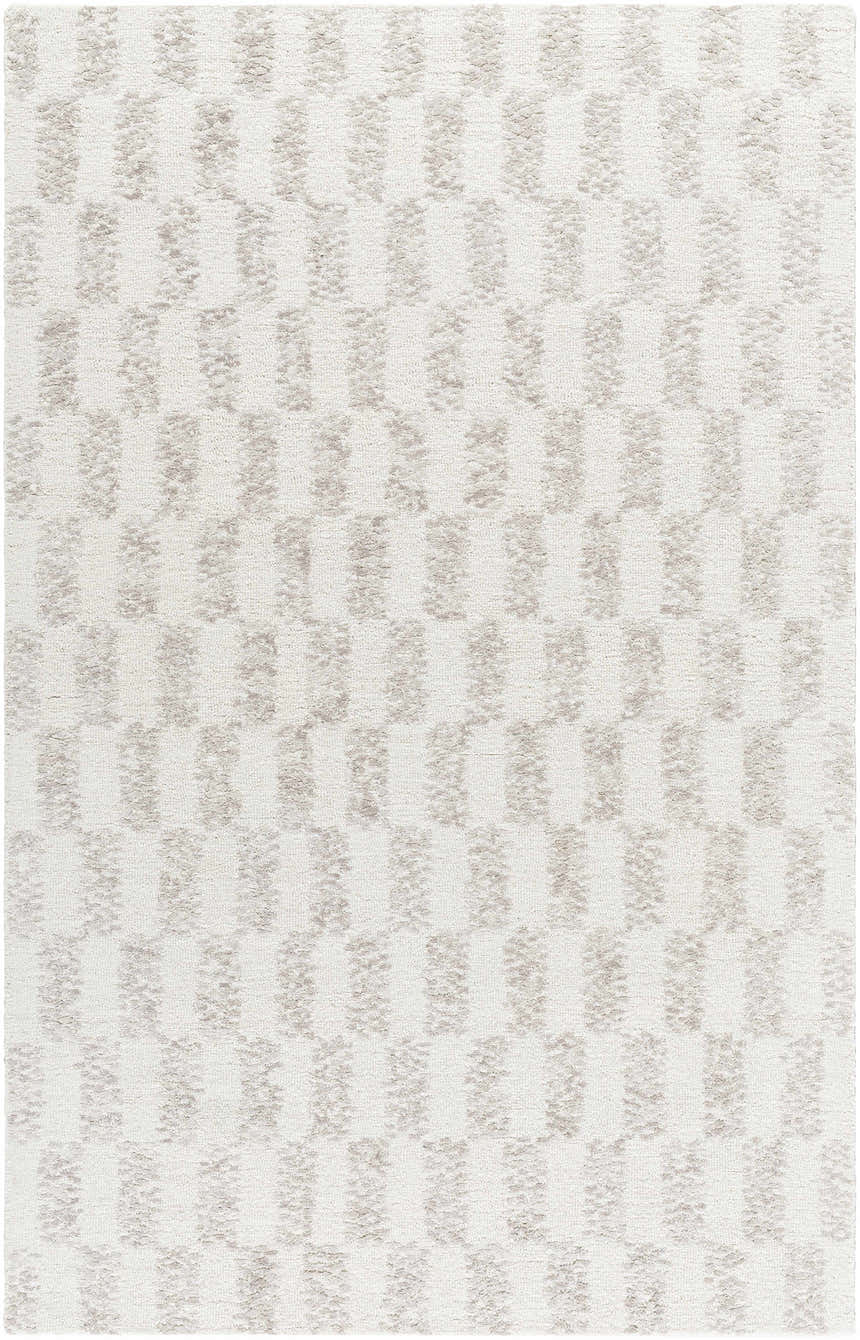 Close-up of Theda Area Rug, a hand-tufted wool rug with a contemporary ash and off-white striped pattern. Design-Rectangle-58