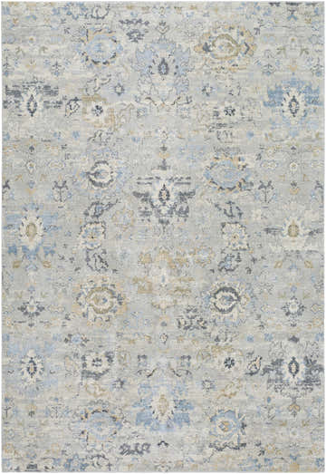 Close-up of the Tirfe Thick Luxe Rug. Traditional, machine-woven design in gray, light gray, olive, peach, tan, and teal. Design-Rectangle-679