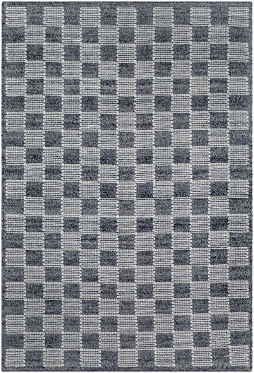 Close-up of the hand woven Thijs Area Rug. Charcoal and cream wool rug with a checkerboard pattern. Design-Rectangle-576