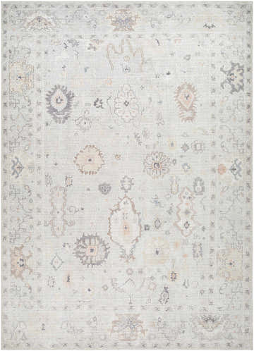 Close-up of the Taryn Area Rug. Farmhouse style rug with dusty pink, gray, and tan traditional pattern. Machine woven polyester. Design-Rectangle