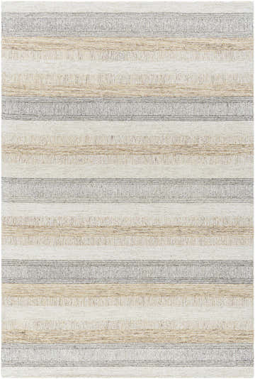 Close-up of the Touca Area Rug. Features ash, light silver, silver gray, and warm gray horizontal stripes. 100% wool. Design-Rectangle-576