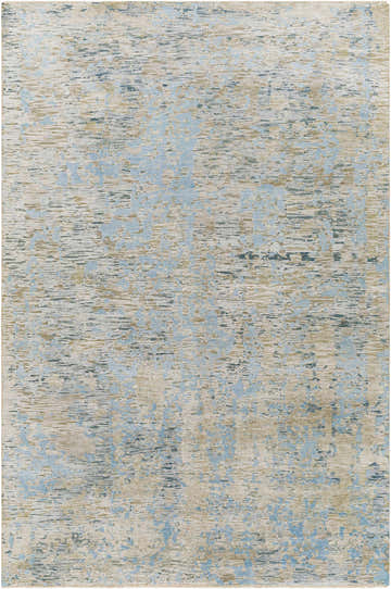 Close-up of the Temora Area Rug. Hand-knotted rug with a contemporary design in blue, ice blue, light gray, and taupe. Design-Rectangle-69