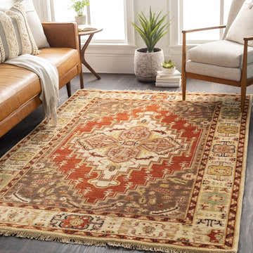 Living room scene with a rectangular Texico Area Rug in rust, brown, and beige with a traditional, hand-knotted design. Roomscene-Rectangle