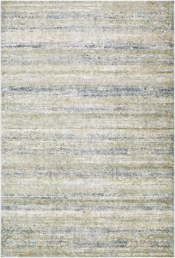 Close-up of Taran Thick Luxe Rug, featuring a contemporary striped pattern in light gray, olive, peach, and tan. Design-Rectangle-6792
