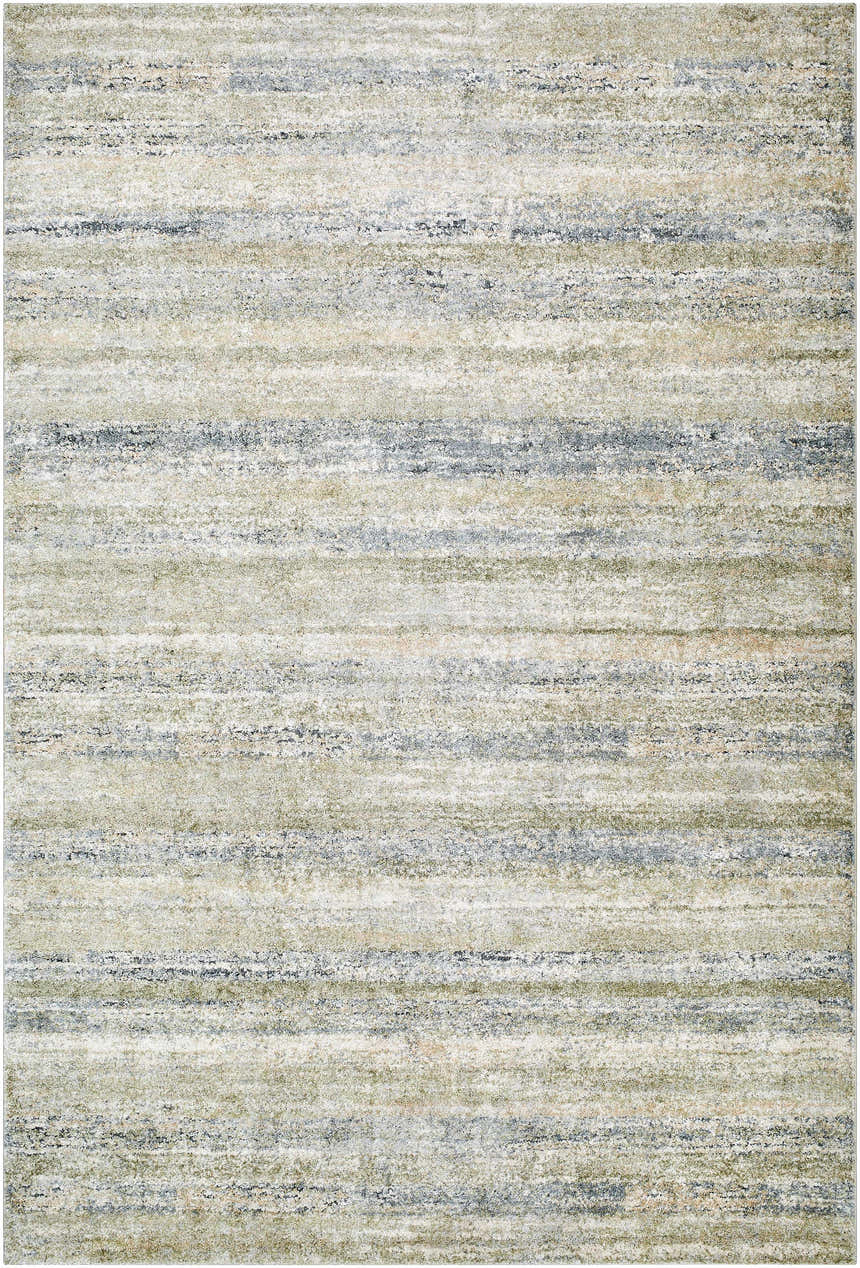 Close-up of Taran Thick Luxe Rug, featuring a contemporary striped pattern in light gray, olive, peach, and tan. Design-Rectangle-6792