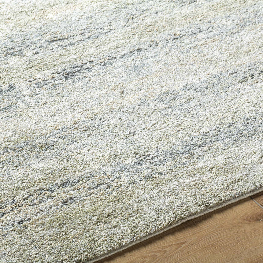 Close up of Taran Thick Luxe Rug showing light gray, olive, peach, and tan tones and plush texture. Texture