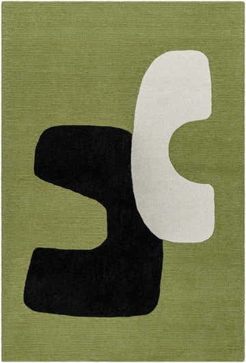 Close-up of the Terah Olive Area Rug. Contemporary design with jet black and light silver shapes on a moss green background. Design-Rectangle-576