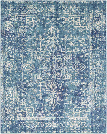 Close-up of the Thousandsticks Area Rug. Machine-woven polypropylene rug in light beige, navy, peach, and teal with a vintage oriental pattern. Design-Rectangle-710103