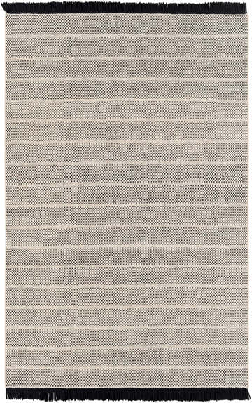 Close-up of the Thorold Area Rug. Beige and black, hand-woven wool rug with horizontal stripes and fringe. Design-Rectangle-576