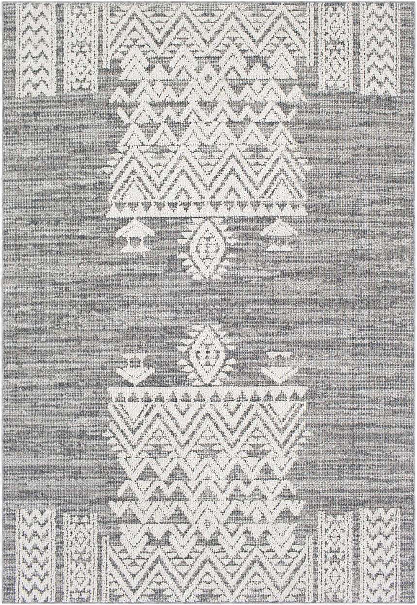 Close-up of the Thorntonville Outdoor Rug; gray jute and white polypropylene with a bohemian geometric pattern. Design-Rectangle-5373