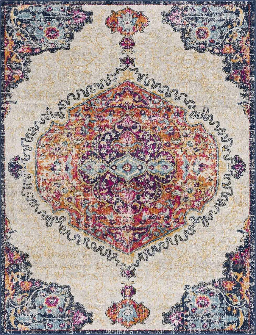 Detailed close-up of the Tigrit Blue & Orange area rug. Bohemian style with fuchsia, ivory, and orange colors. Design-Rectangle-286