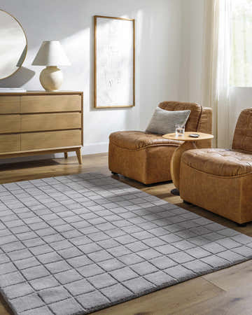Living room with tan leather chairs and Toshi Sterling Gray area rug. Roomscene-Rectangle