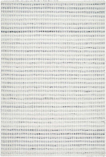 Close-up of the Tevah Area Rug. Hand-woven wool rug in light silver, off-white, and silver gray with a horizontal striped pattern. Design-Rectangle-576