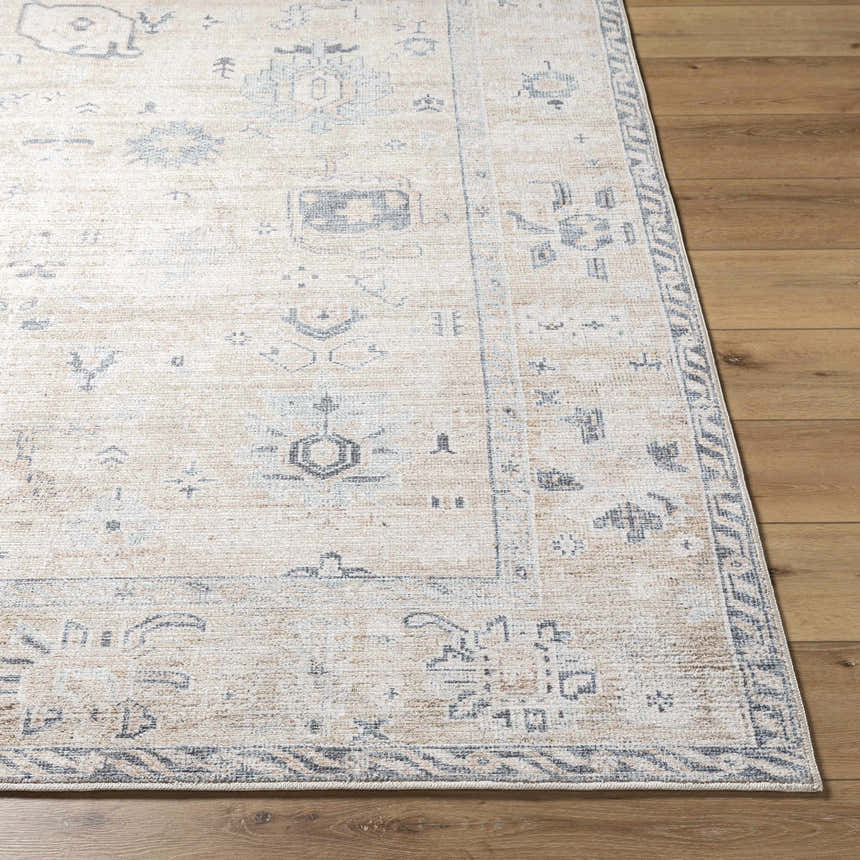 Close-up of the beige and charcoal Toddy Area Rug showing its traditional pattern and texture on wood floor. Front