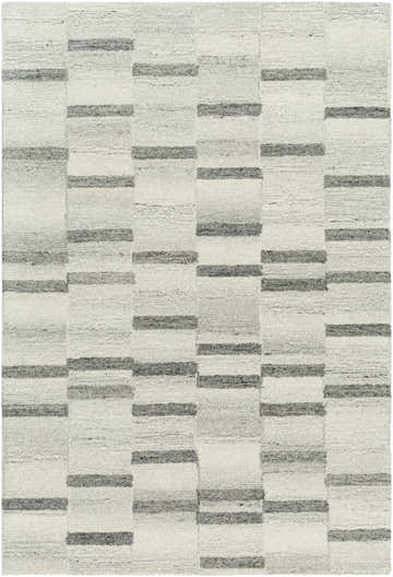 Close-up of the hand-tufted Timmy Area Rug. Light silver wool rug with a contemporary slate blue and sage geometric pattern. Design-Rectangle-576