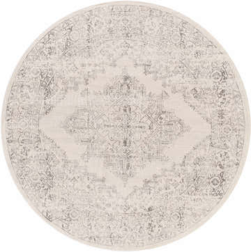 Close-up of a round Tamarama Area Rug. Off white rug with charcoal, light, and medium gray traditional oriental pattern. Design-Round-67