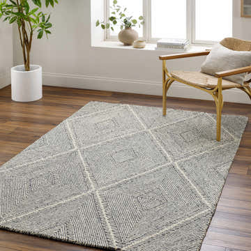 Living room scene with a light gray Tene Tufted Wool Area Rug, woven chair, wood floors, and natural light. Roomscene-Rectangle