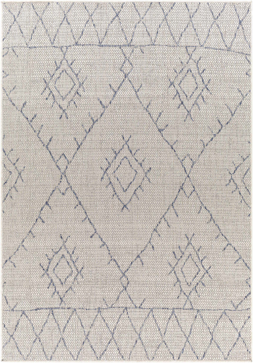 Close-up of the Marwood Gray&Blue Nordic Rug, featuring a geometric diamond pattern in blue on an oatmeal background. Design-Rectangle-5377