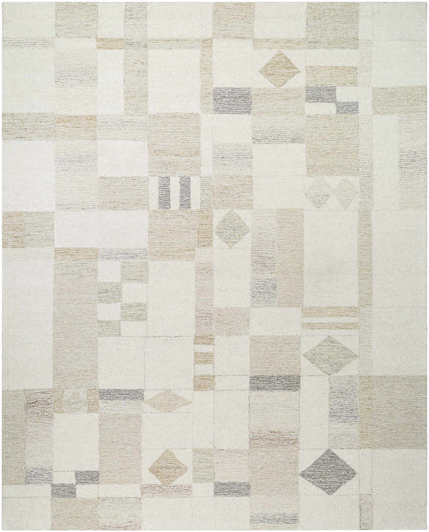 Close-up of the Tovah Area Rug. Hand-tufted wool rug with a contemporary geometric pattern in ash and light silver tones. Design-Rectangle-810