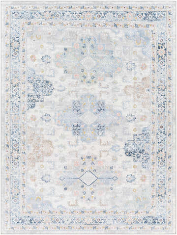 Detailed Tana Washable Area Rug in Arctic Stone, Dark Gray, and Silver Blue with a traditional, floral-inspired pattern. Design-Rectangle-537