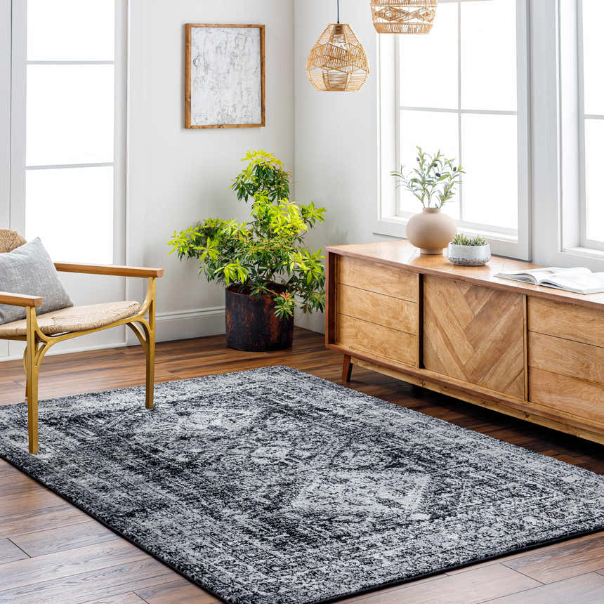 Living room scene with a black and gray Toni Area Rug, wood floors, and a mid-century modern cabinet. Roomscene-Rectangle