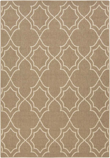 Close-up of the Toledo Area Rug. Beige olefin rug with a light beige quatrefoil pattern. Machine woven. Design-Rectangle-5376