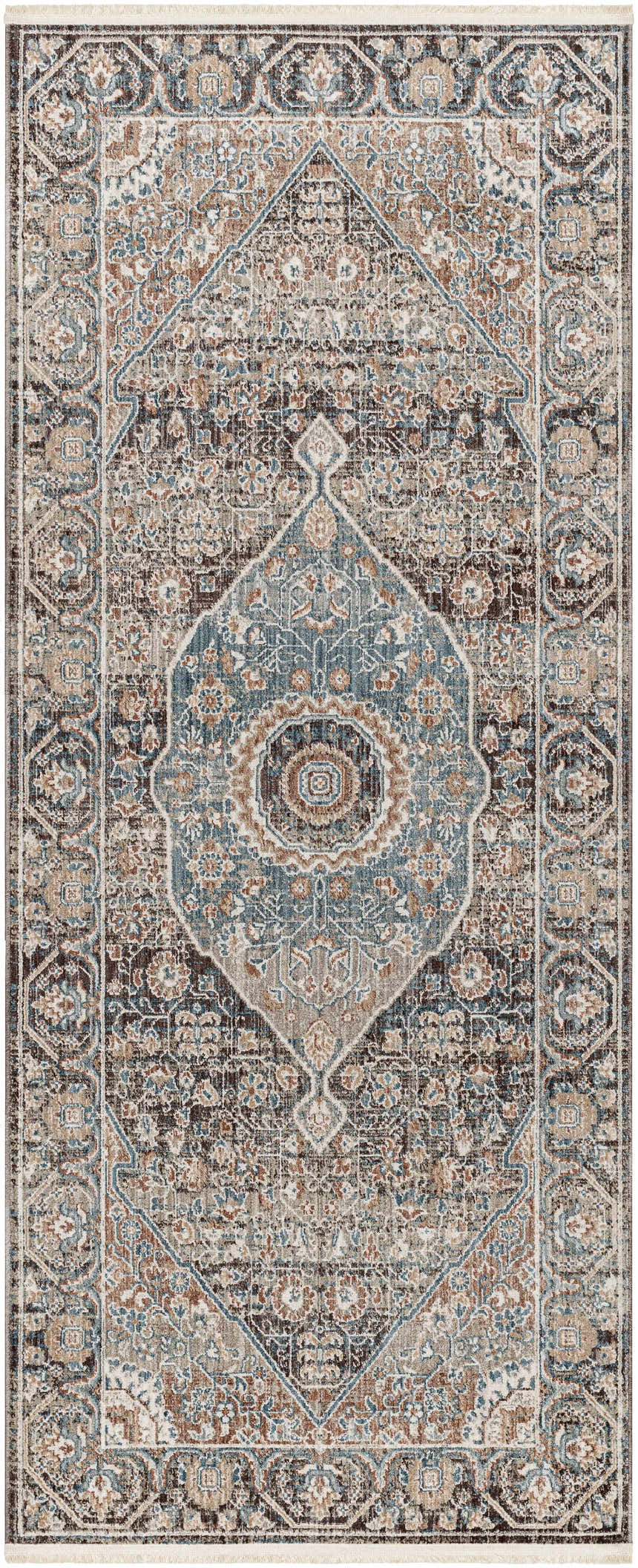 Close-up of the Baychester Brown Area Rug. Features a traditional oriental design in brown, denim, and sage hues. Design-Runner
