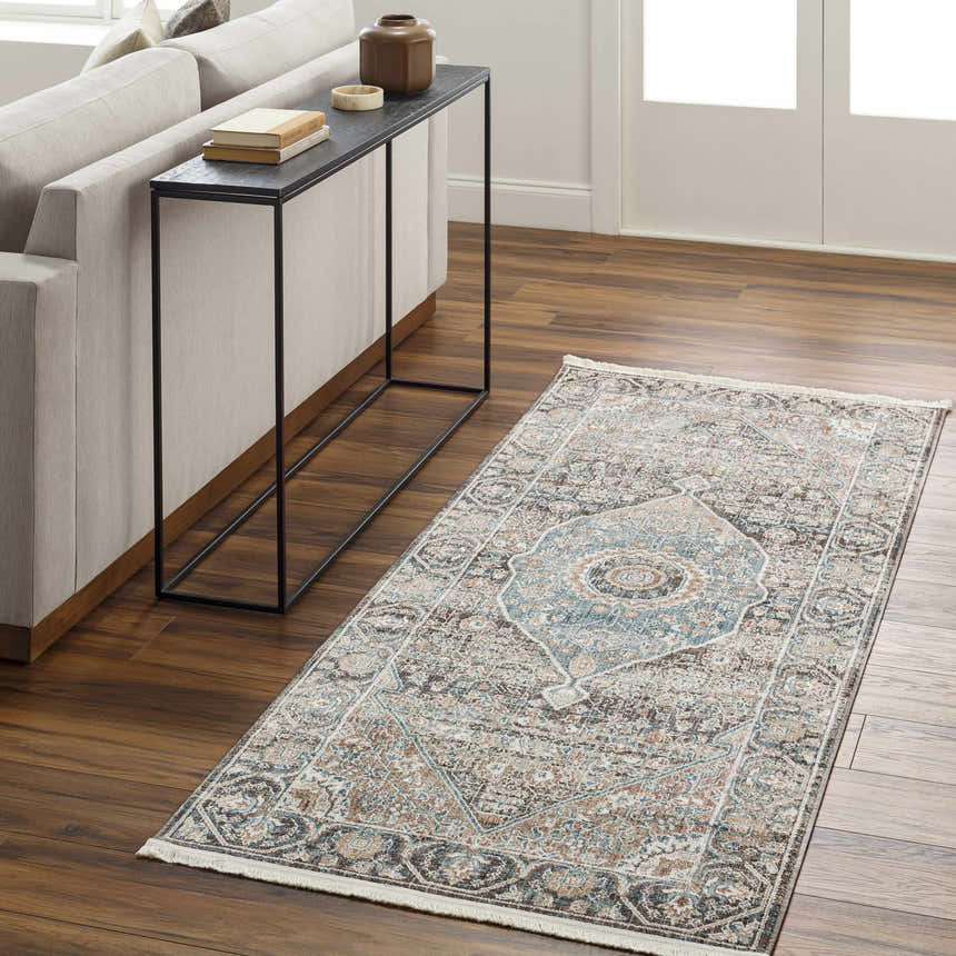 Living room scene with a Baychester Brown runner rug, sofa, and console table on wood floors. Roomscene-Runner