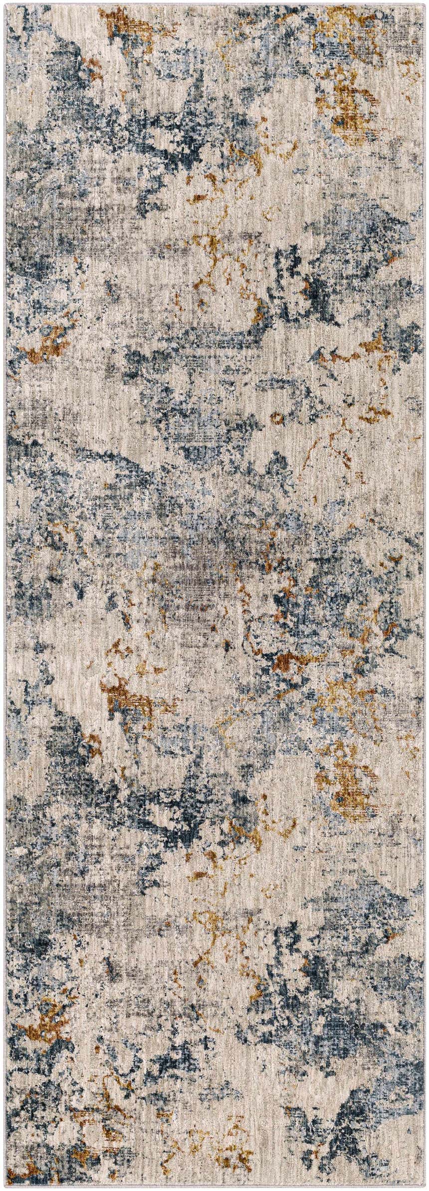 Close-up of Tracyton Area Rug. Contemporary design in cream, gray, light blue, and mustard hues. Abstract pattern and textured weave. Design-Runner-2773