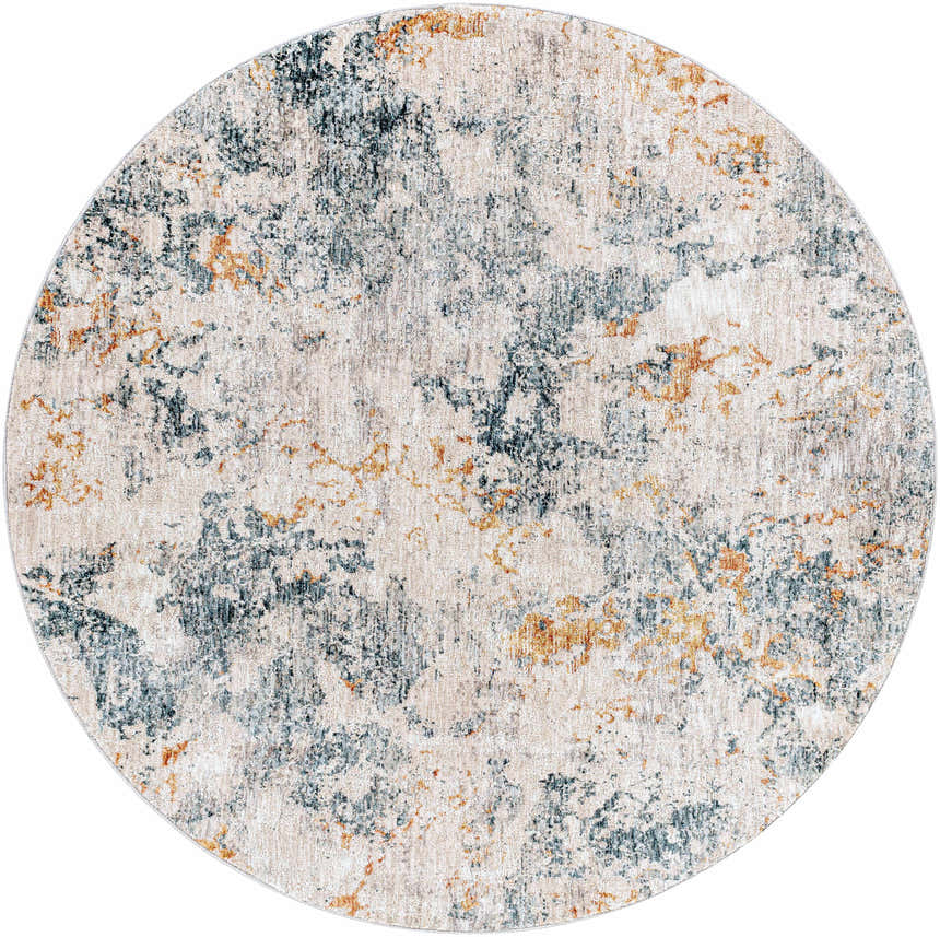 Close-up of round Tracyton Area Rug. Contemporary design with cream, gray, teal, and mustard abstract pattern. Design-Round-53