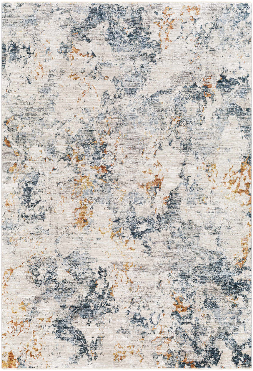Close-up of Tracyton Area Rug. Contemporary style with cream, gray, and mustard abstract pattern. Machine woven polyester rug. Design-Rectangle-575