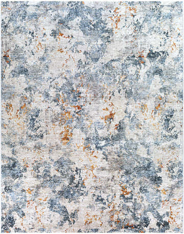 Close-up of the Tracyton Area Rug. Features a contemporary abstract design in cream, light blue, gray, and brick red. Design-Rectangle-710103